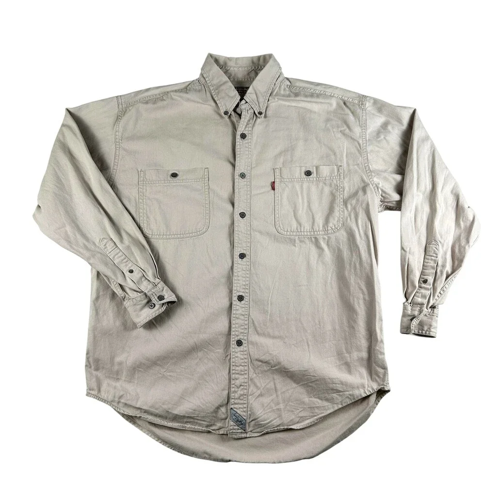 Vintage Levi's Shirt Mens Large Khaki Beige Button Down Long Sleeve Pocket